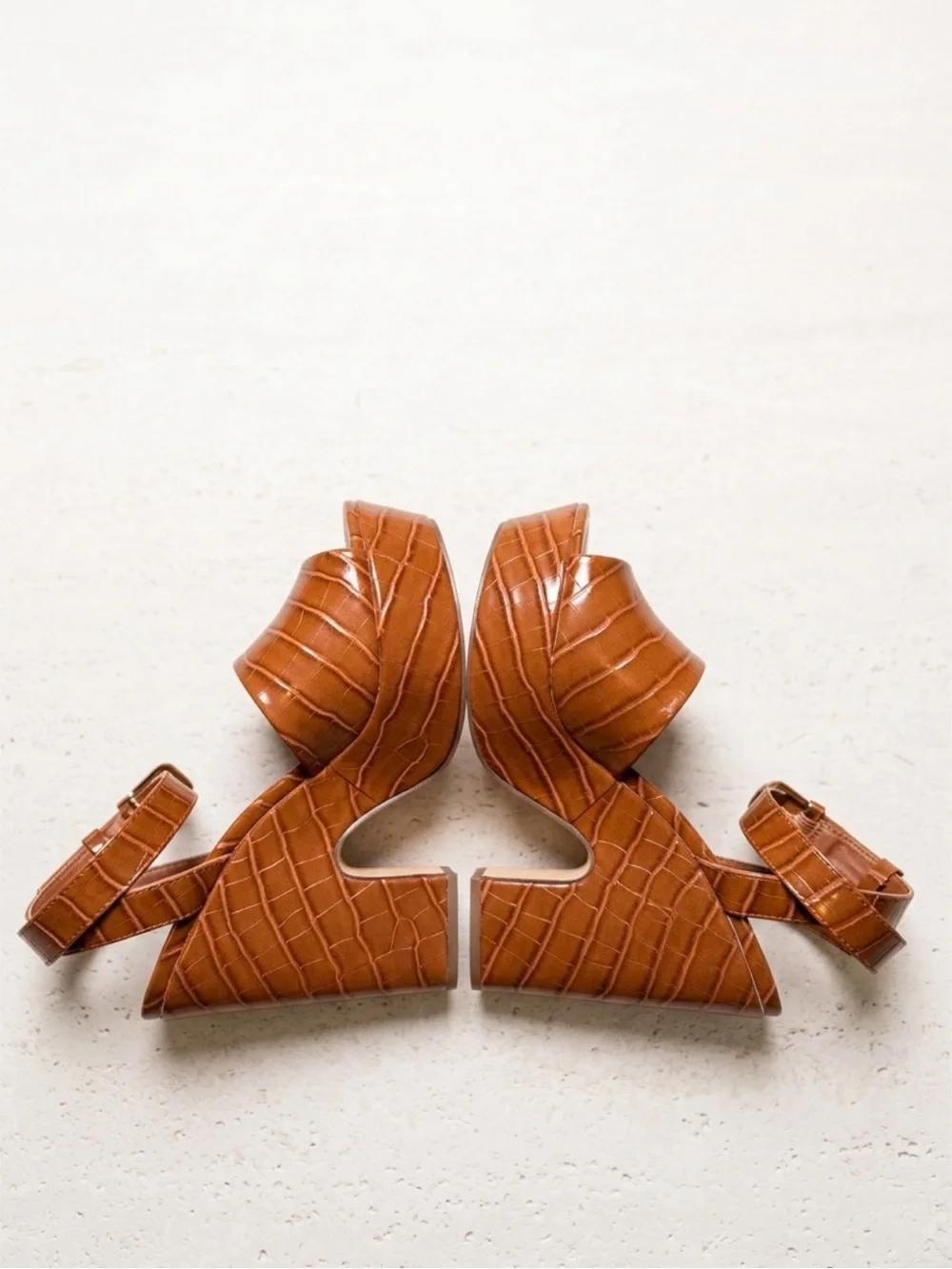 JustFab Tan Croc-Embossed Platform Sandal with Ankle Strap